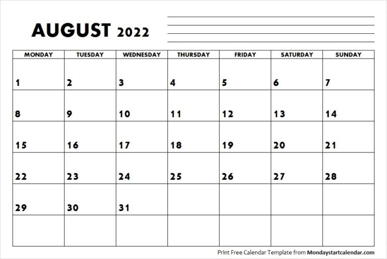 August 2022 Calendar Monday Start | August Month Template  Free Printable Calendar 2022 Starting Monday