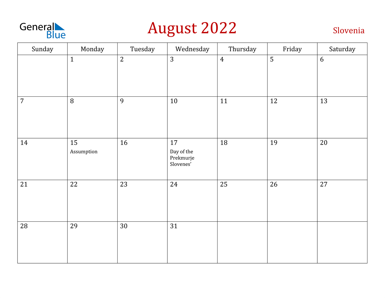 August 2022 Calendar - Slovenia  Printable Calendar 2022 August