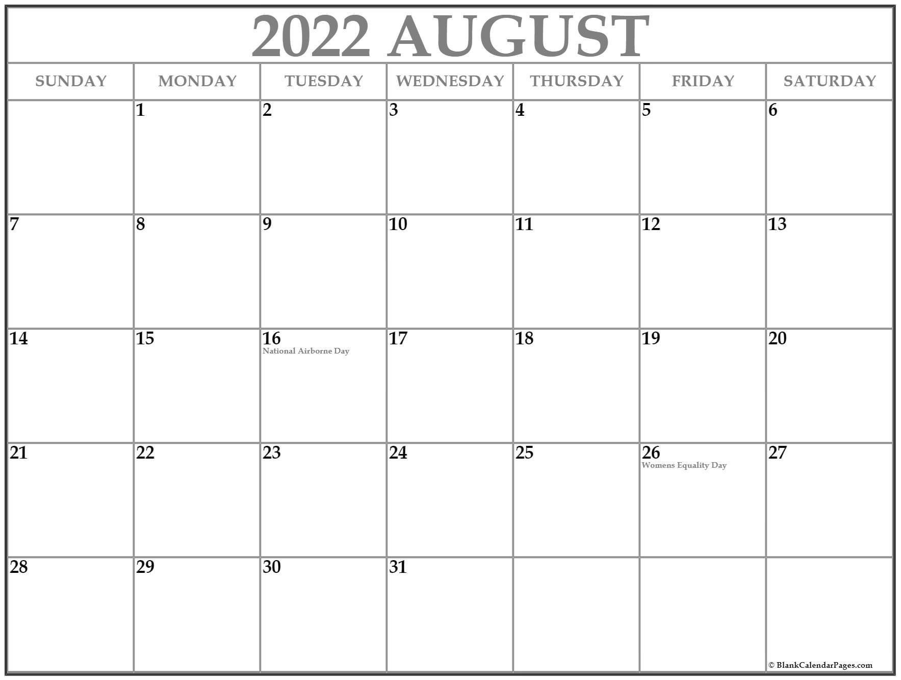 August 2022 Calendar With Holidays  August 2022 To August 2022 Calendar Printable