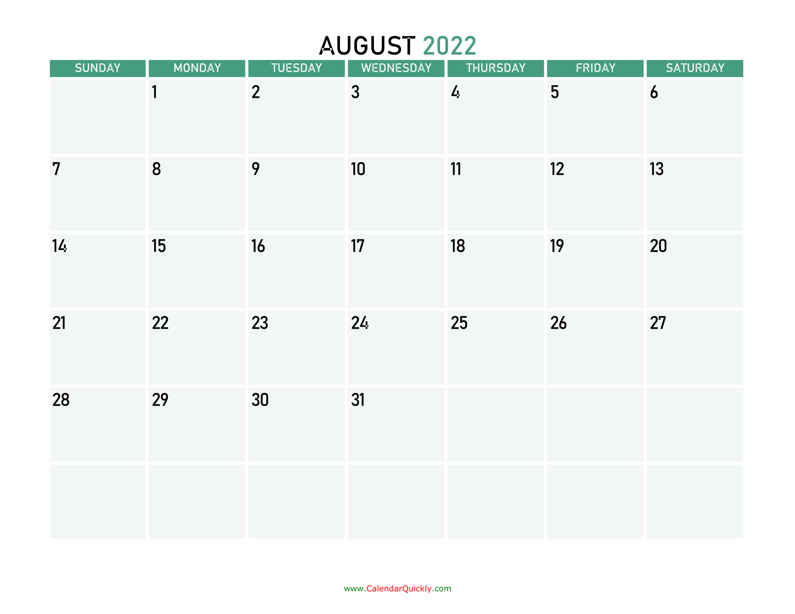 August 2022 Calendars | Calendar Quickly  2022 Calendar Printable August