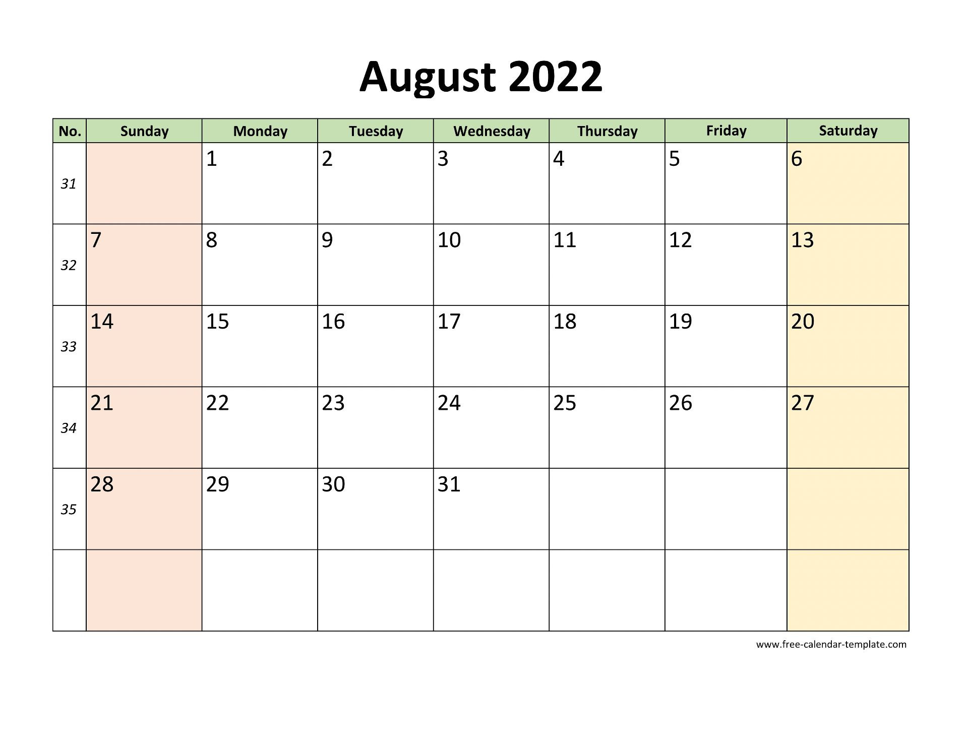 August 2022 Free Calendar Tempplate | Free-Calendar  Printable Calendar 2022 August