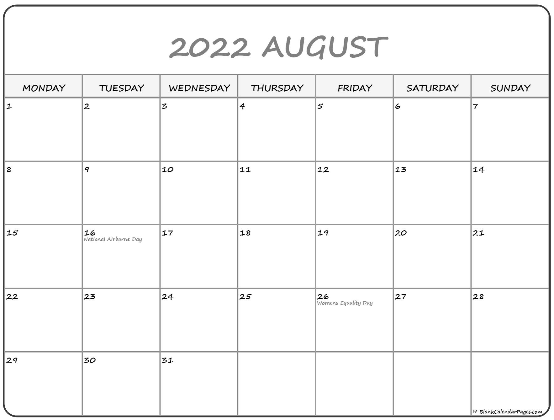 August 2022 Monday Calendar | Monday To Sunday  2022 Calendar Printable August