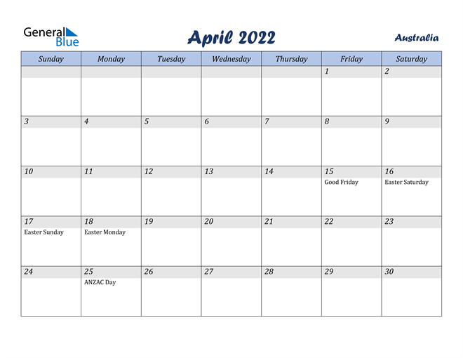 Australia April 2022 Calendar With Holidays  November 2022 To April 2022 Calendar