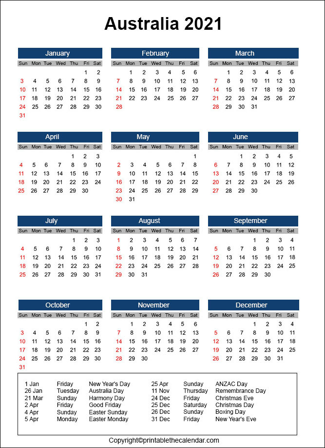 Australia Calendar 2021 | Printable The Calendar  Printable 2022 Calendar Queensland