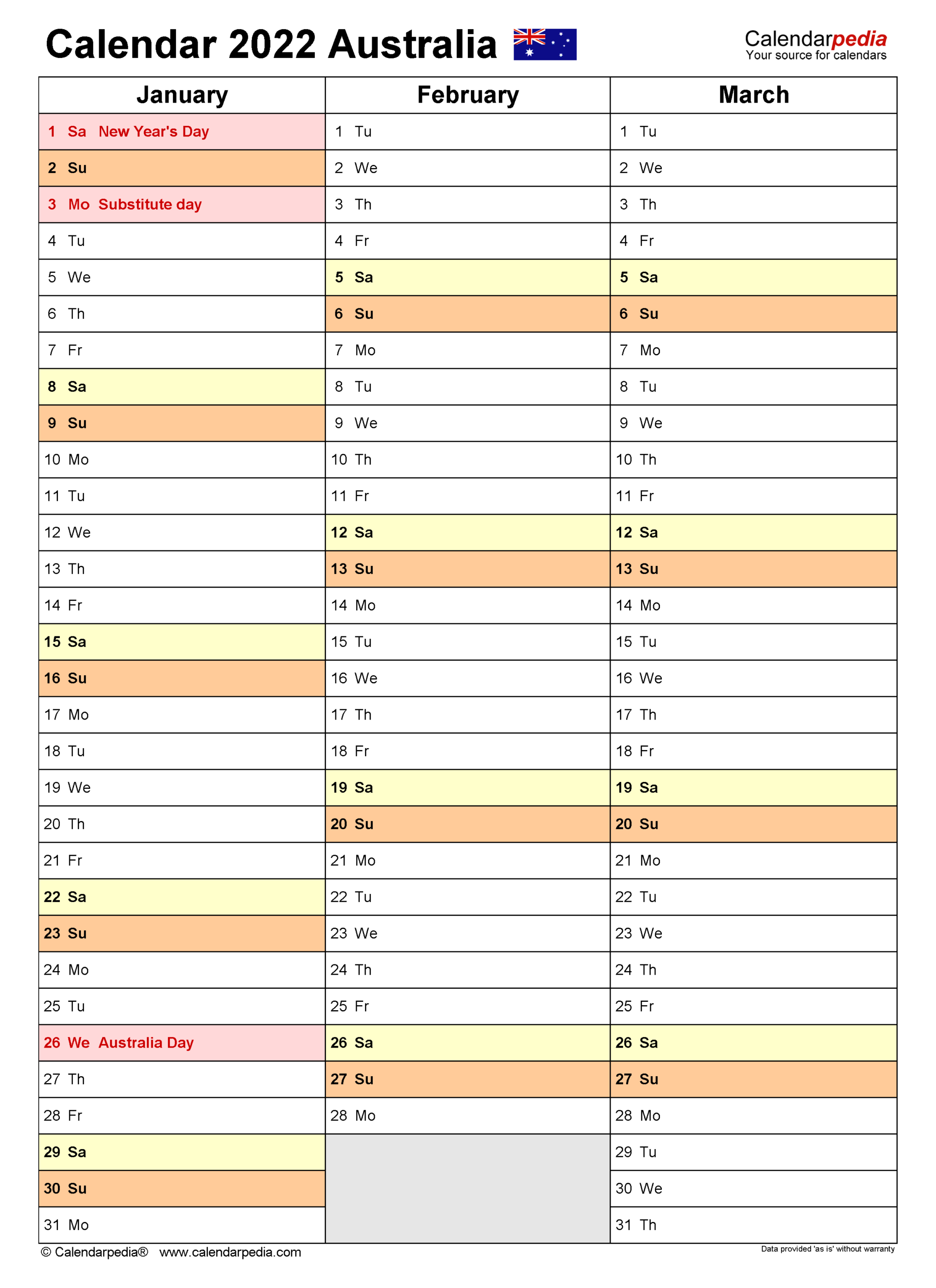 Australia Calendar 2022 - Free Printable Word Templates  Free Printable Calendar 2022 Australia