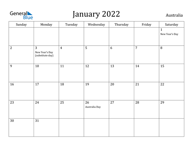 Australia January 2022 Calendar With Holidays  December 2022 To January 2022 Calendar