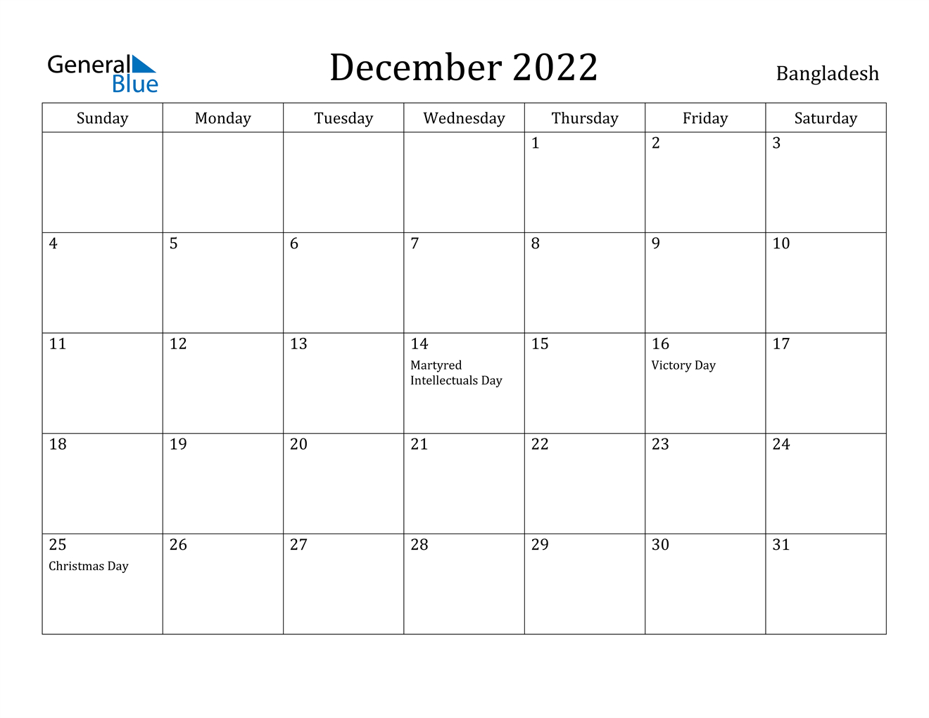 Bangladesh December 2022 Calendar With Holidays  December 2022 To December 2022 Calendar Printable