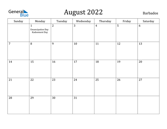 Barbados August 2022 Calendar With Holidays  March And April 2022 Calendar With Holidays