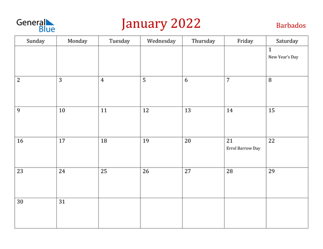 Barbados January 2022 Calendar With Holidays  Iitm Calendar Jan-May 2022