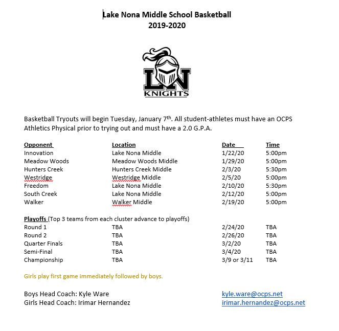 Basketball - Lake Nona Ms  Ocps Testing Calendar 2022