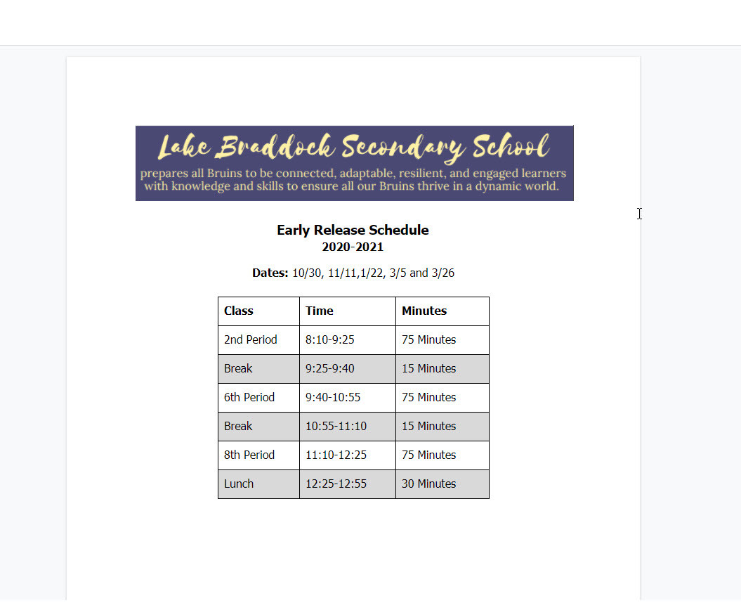 Bell Schedule And Purple And Gold Calendar | Lake Braddock  Fcps Employee Calendar 2022-23