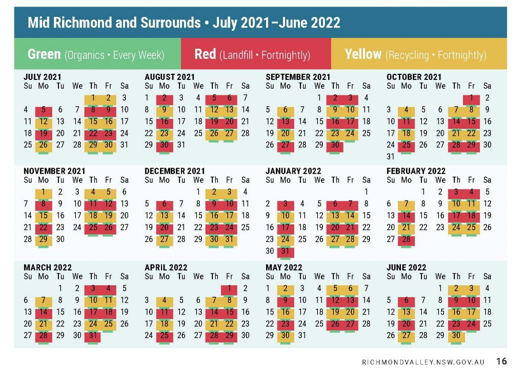 Bin Collection Day - Richmond Valley Council  Recycling Calendar For 2022