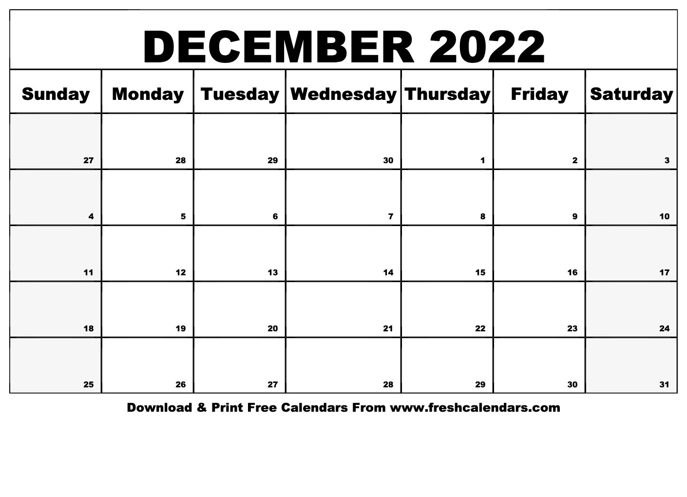 Blank Printable December 2022 Calendars  December 2022 Calendar Template