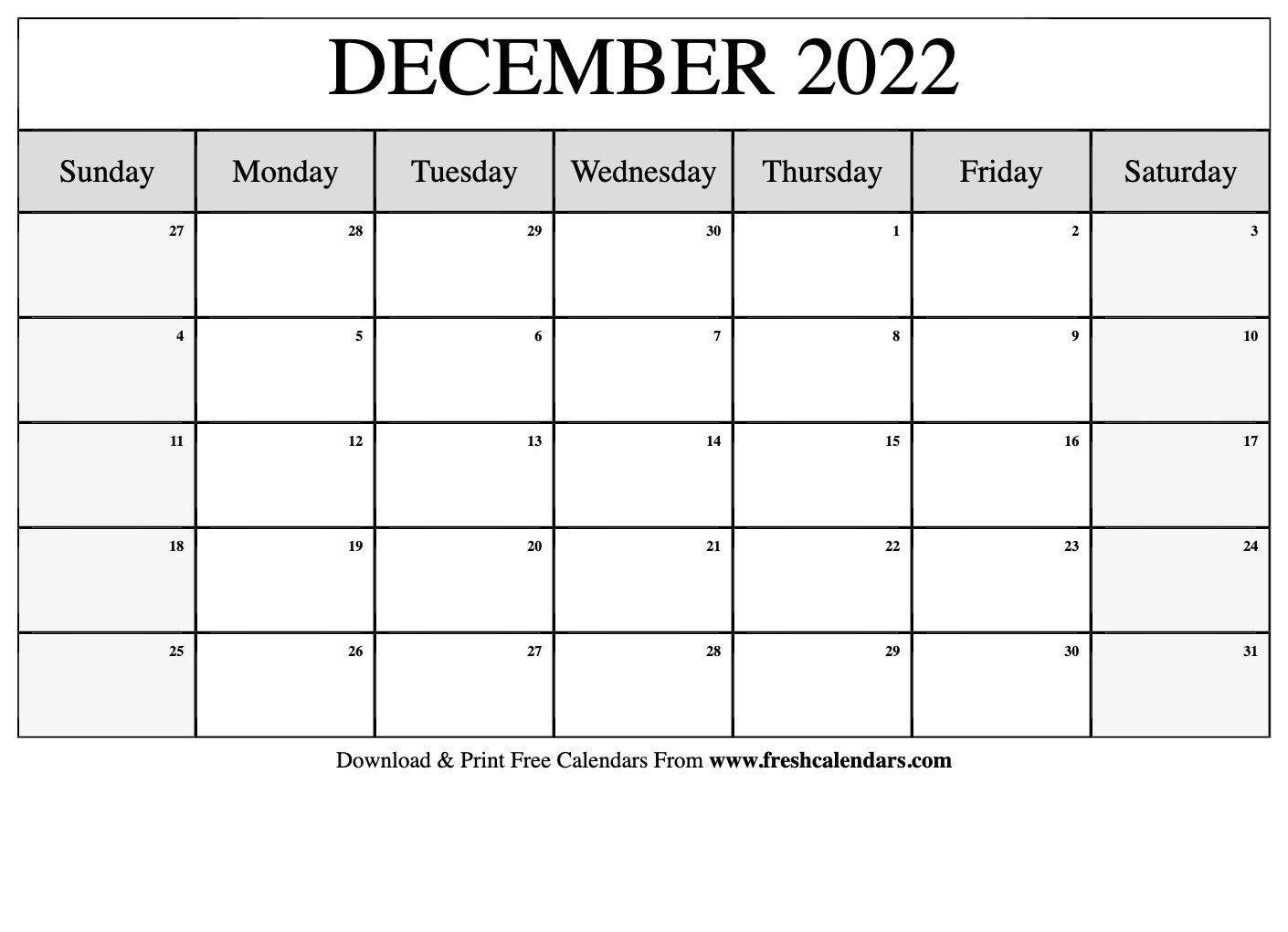 Blank Printable December 2022 Calendars  Printable Calendar January 2022 To December 2022