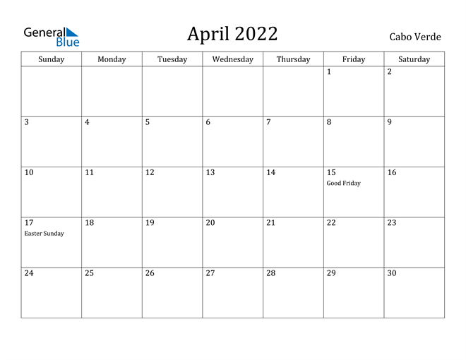 Cabo Verde April 2022 Calendar With Holidays  Printable April 2022 To March 2022 Calendar