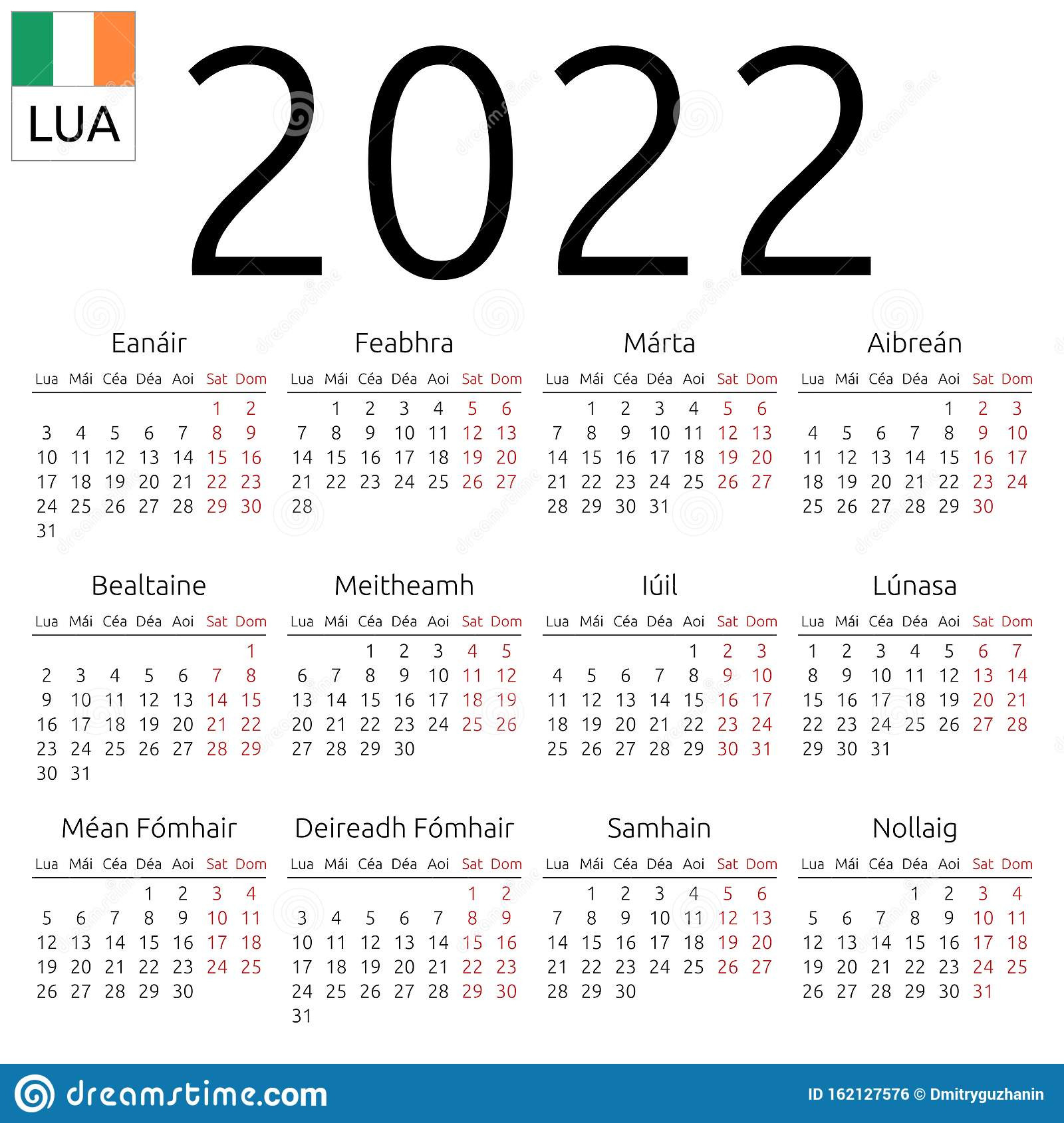 Calendar 2022, Irish, Monday Stock Vector - Illustration  2022 Calendar Printable Monday Start
