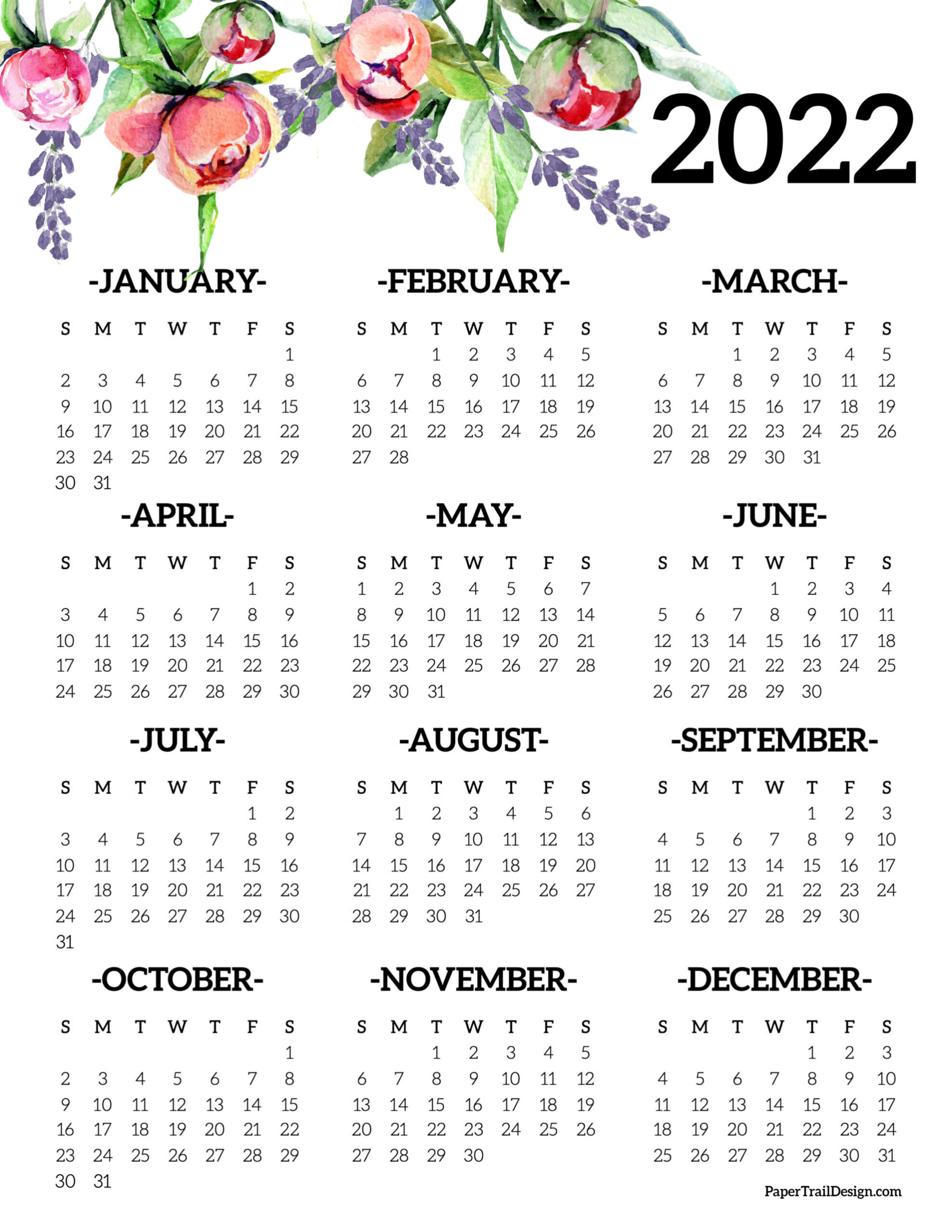Calendar 2022 Printable One Page - Paper Trail Design  Free Printable Calendar 2022 Year At A Glance