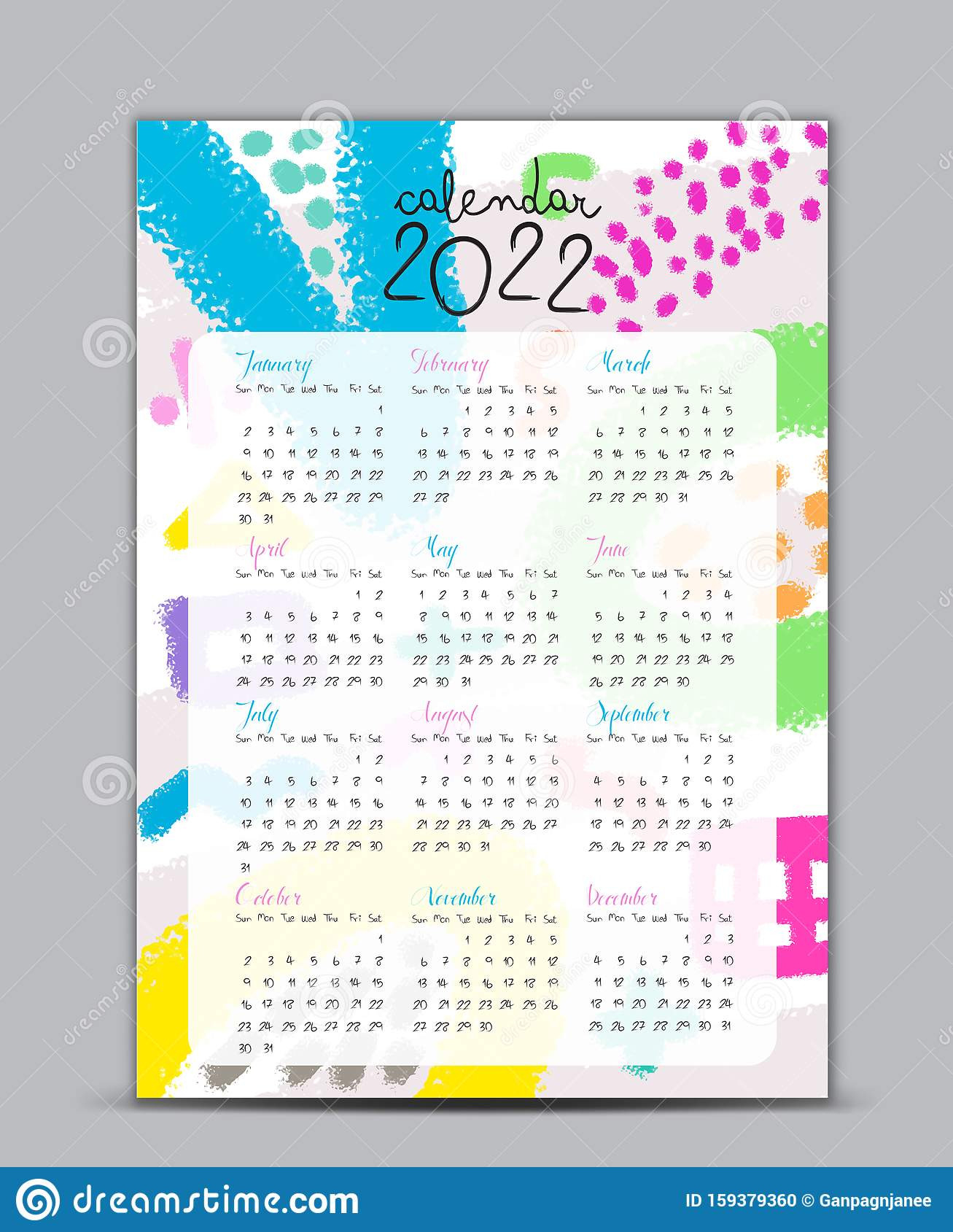 Calendar 2022 Vector Template, Lettering Calendar, Memphis  Free Printable Coloring Calendar 2022
