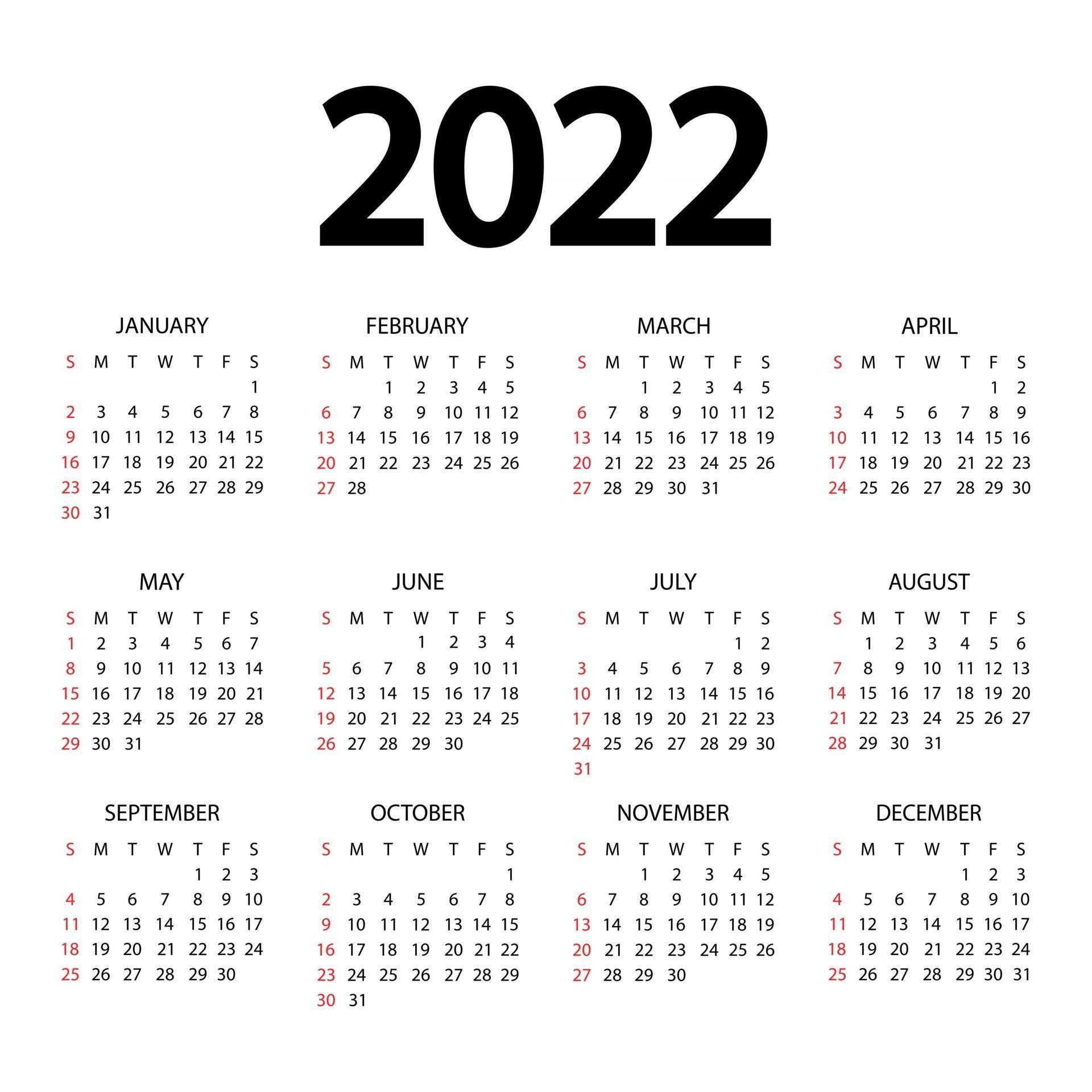 Calendar 2022 Year. The Week Starts On Sunday. Annual  Calendar For 2022 With Week Numbers