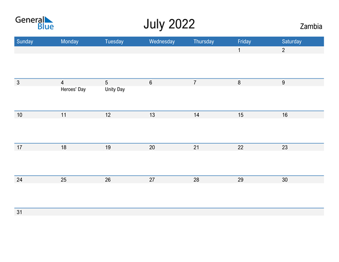 Calendar 2022 Zambia  Calendar 2022 Zambia Download