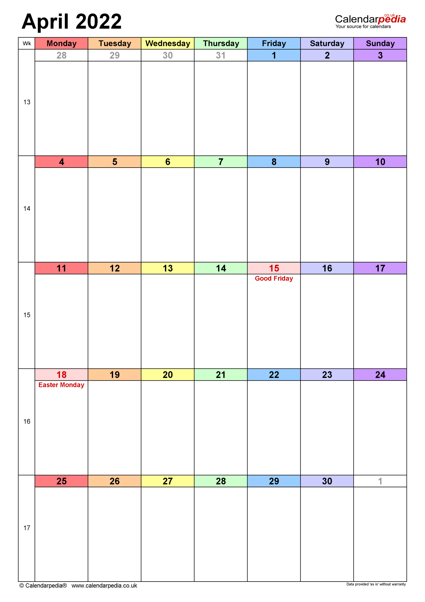 Calendar April 2022 (Uk) With Excel, Word And Pdf Templates  Calendar For April 2022 With Holidays