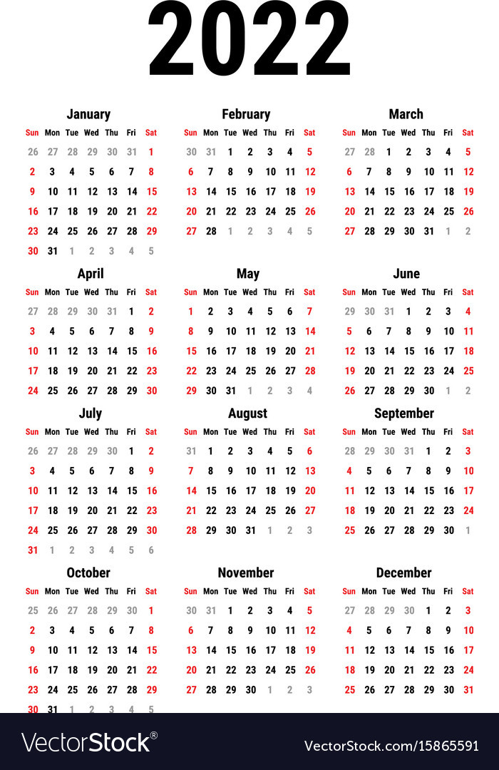 Calendar For 2022 Royalty Free Vector Image - Vectorstock  Printable Calendar 2022 Design