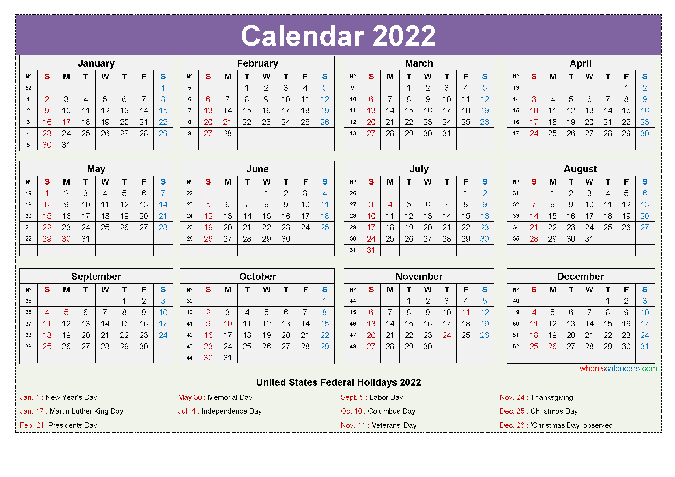 Calendar For 2022 With Holidays | Free Letter Templates  Free Printable 2022 Calendar With Holidays Pdf