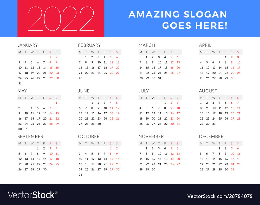 Calendar For 2022 Year Week Starts On Monday Vector Image  Calendar 2022 Vector Free Download