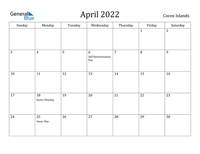 Cocos Islands April 2022 Calendar With Holidays  Astronomy Picture Of The Day April 24 2022