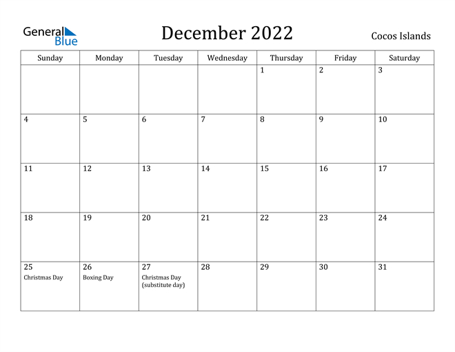 Cocos Islands December 2022 Calendar With Holidays  December 2022 And January 2023 Calendar