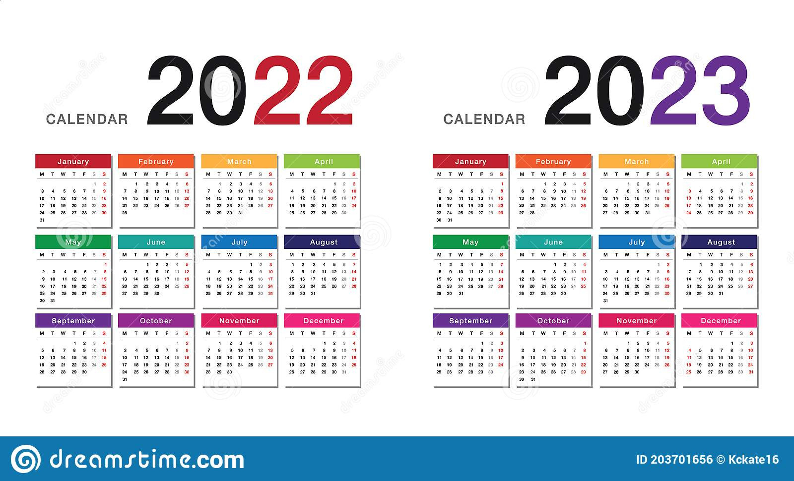 Colorful Year 2022 And Year 2023 Calendar Horizontal  Free Calendar Design Template 2022