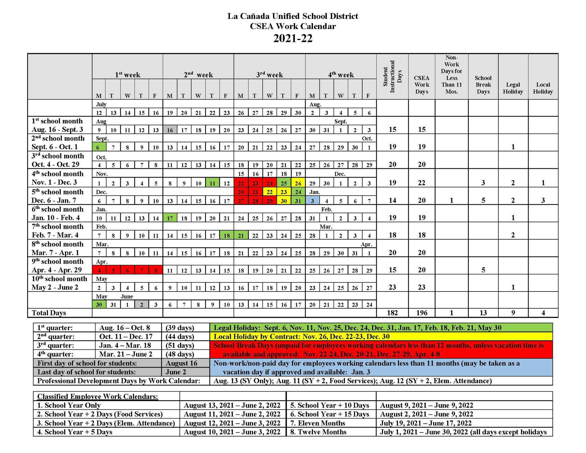 Csea Calendars - Yearly Calendars - La Cañada Unified  Fcps Employee Calendar 2022-23