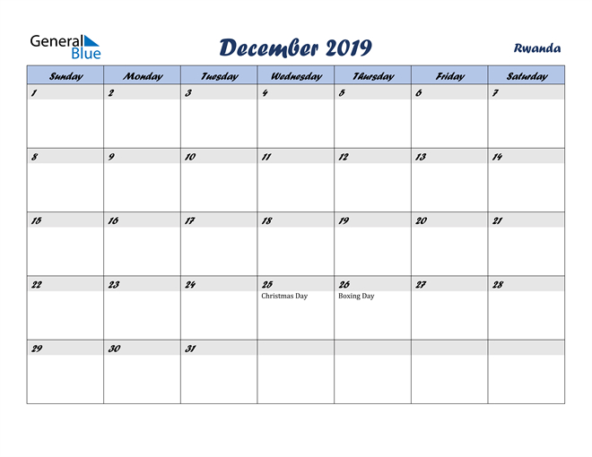December 2019 Calendar - Rwanda  Calendar 2022 Rwanda