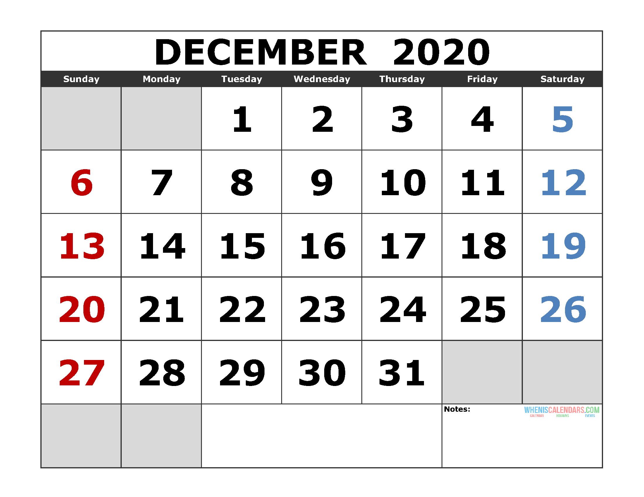 December 2020 Printable Calendar Template Excel, Pdf, Image [Us. Edition]  December 2022 Calendar Page