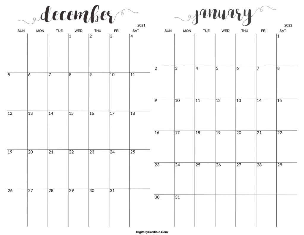 December 2021 January 2022 Calendar - Two Months  Dec And Jan 2022 Calendar