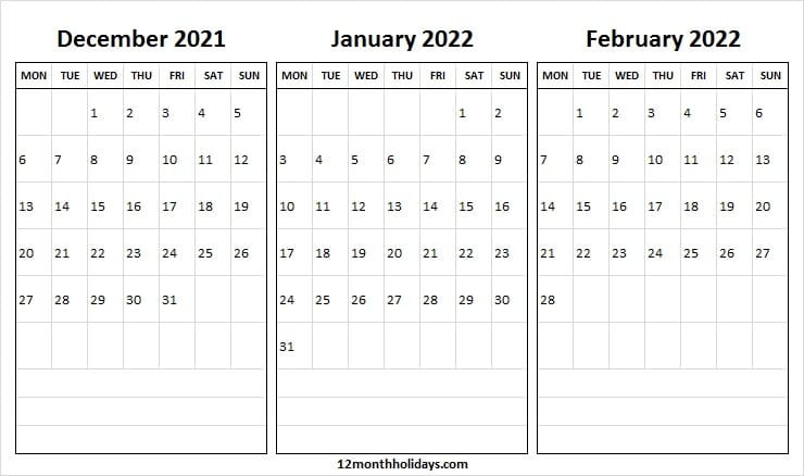 December 2021 To February 2022 Calendar A4 - 2021 Blank  Dec And Jan 2022 Calendar