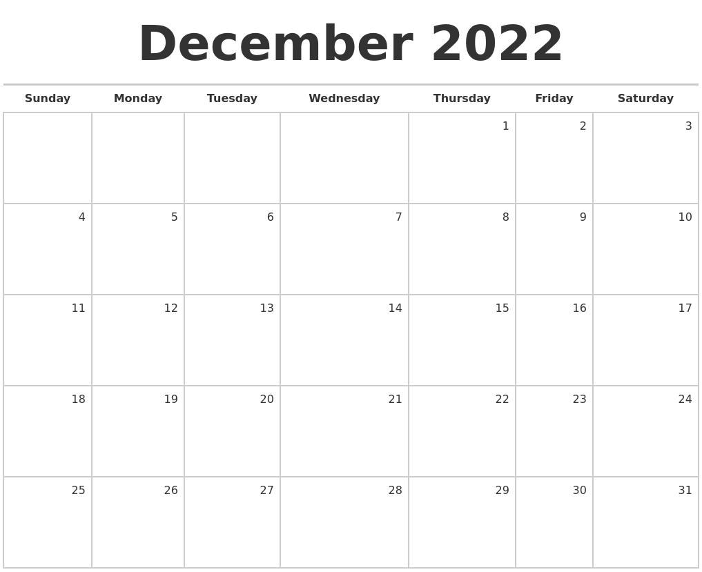 December 2022 Blank Monthly Calendar  December Calendar Of 2022