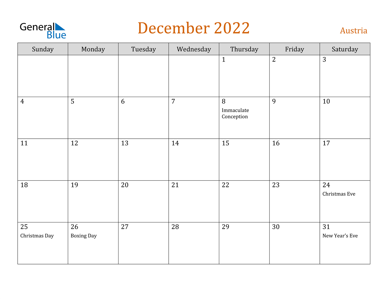 December 2022 Calendar - Austria  December 2022 Calendar Lala Ramswaroop