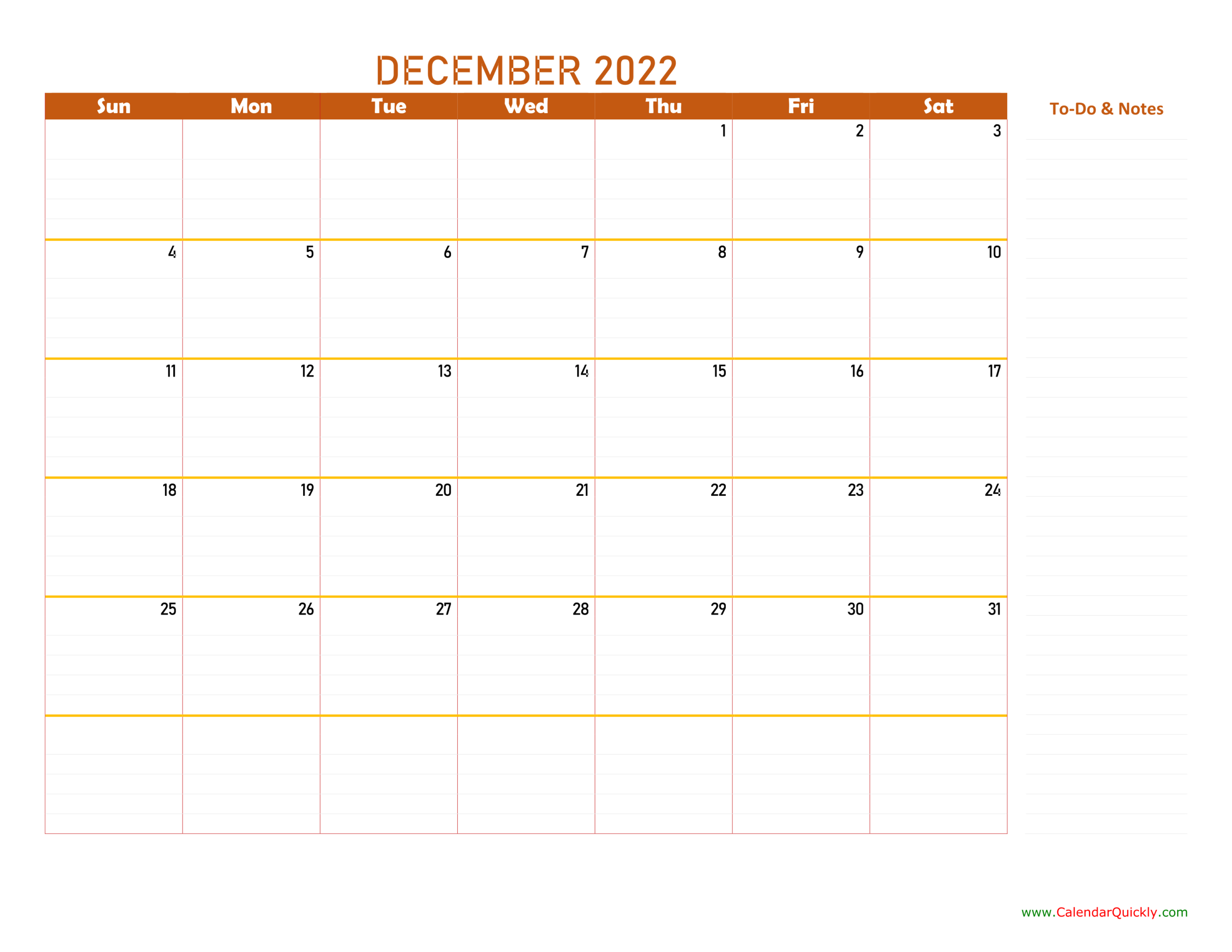 December 2022 Calendar | Calendar Quickly  December 2022 To December 2022 Calendar Printable