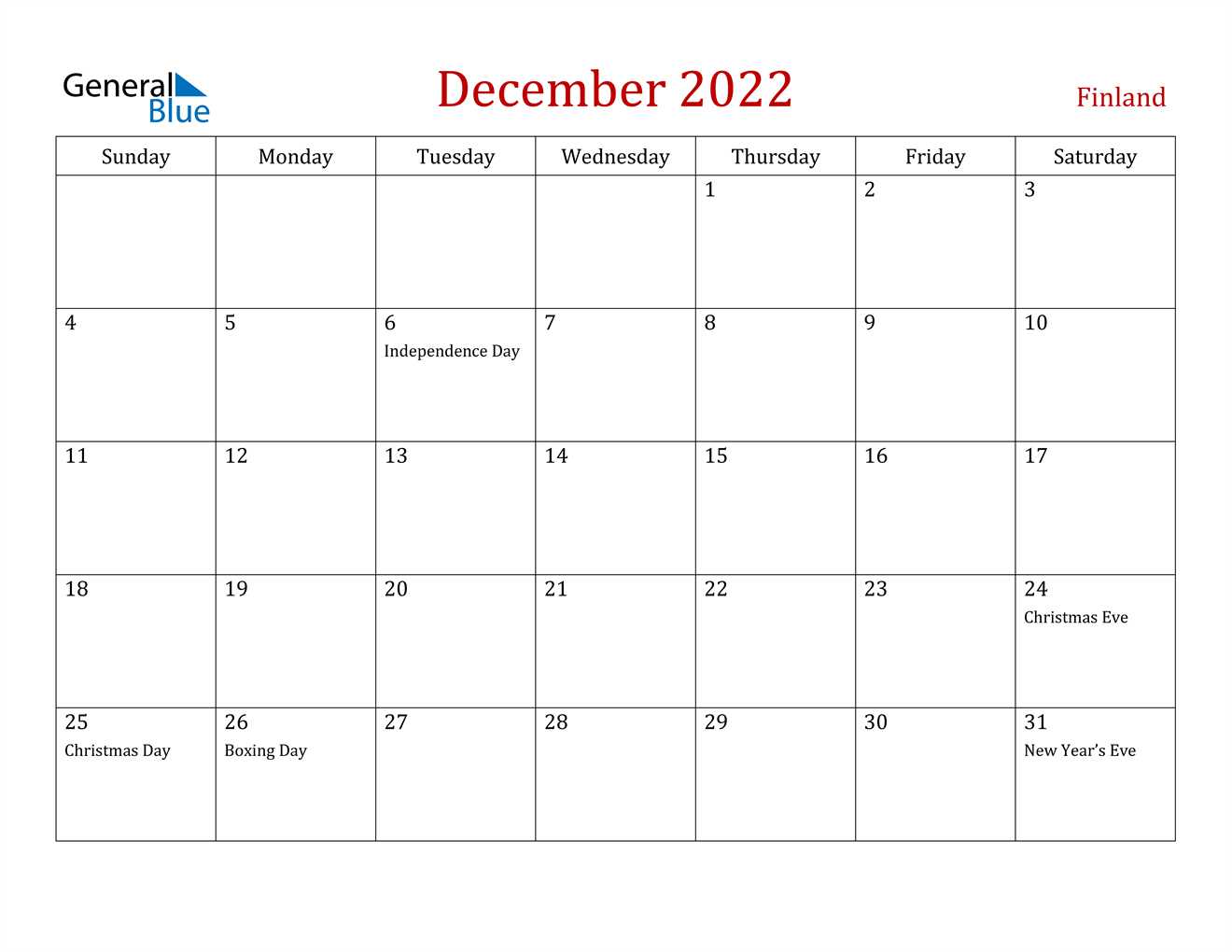 December 2022 Calendar - Finland  December Calendar Of 2022