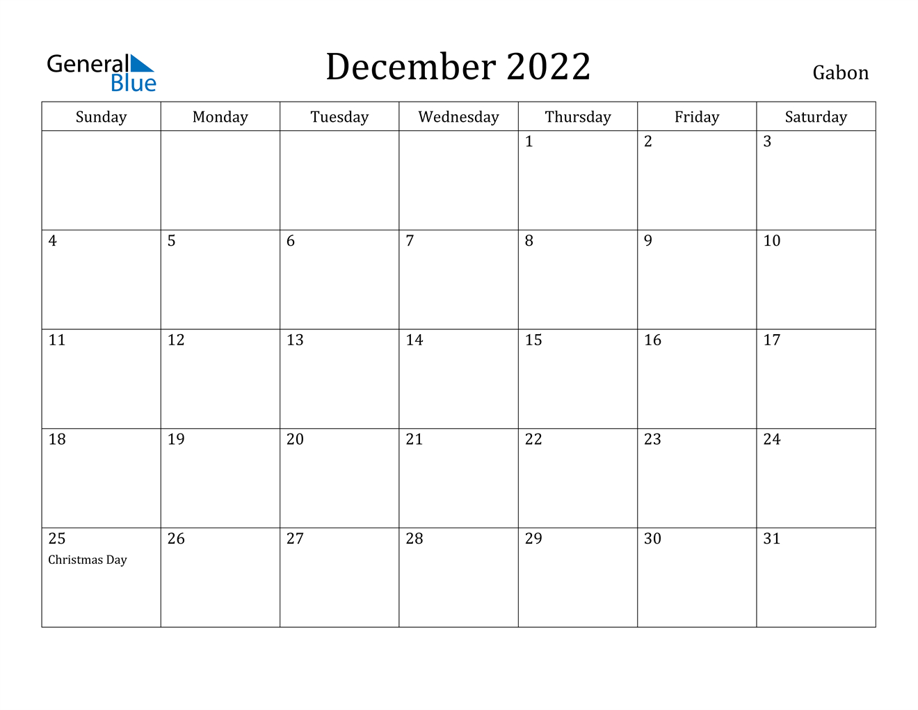 December 2022 Calendar - Gabon  December 2022 Through February 2022 Calendar