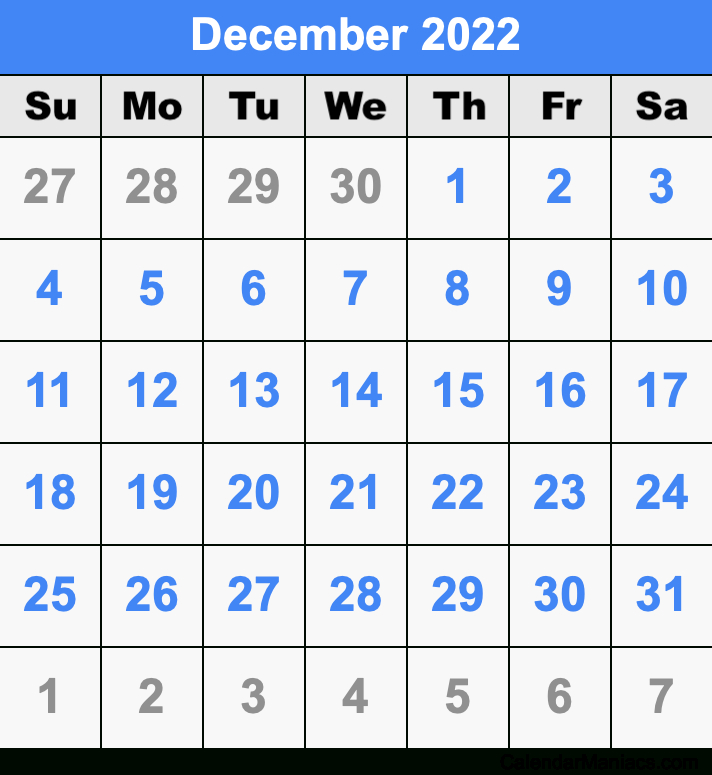 December 2022 Calendar  January February March April 2022 Calendar