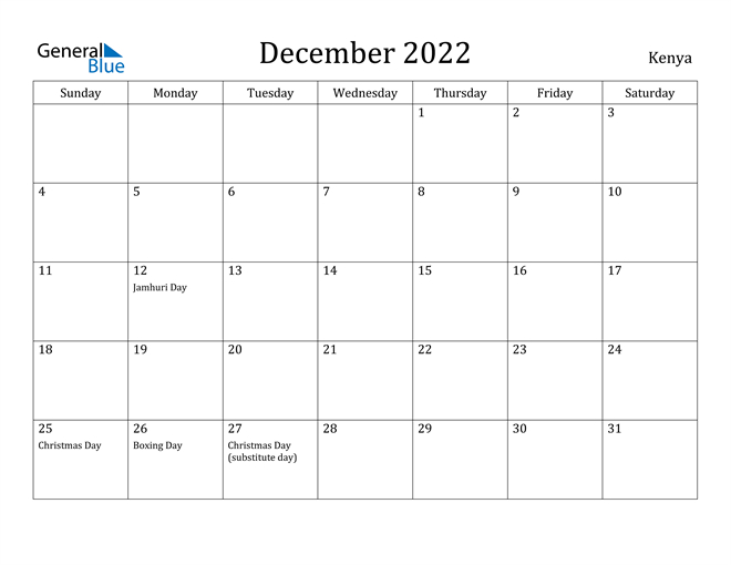 December 2022 Calendar - Kenya  December 2022 Calendar Images