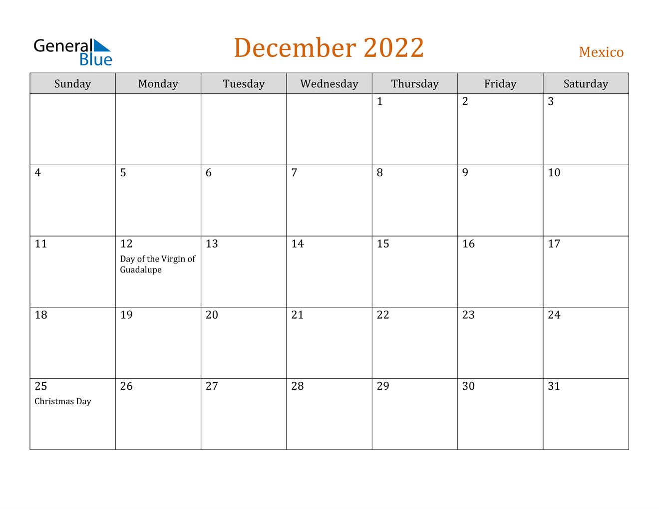 December 2022 Calendar - Mexico  Free Printable Calendar 2022 December