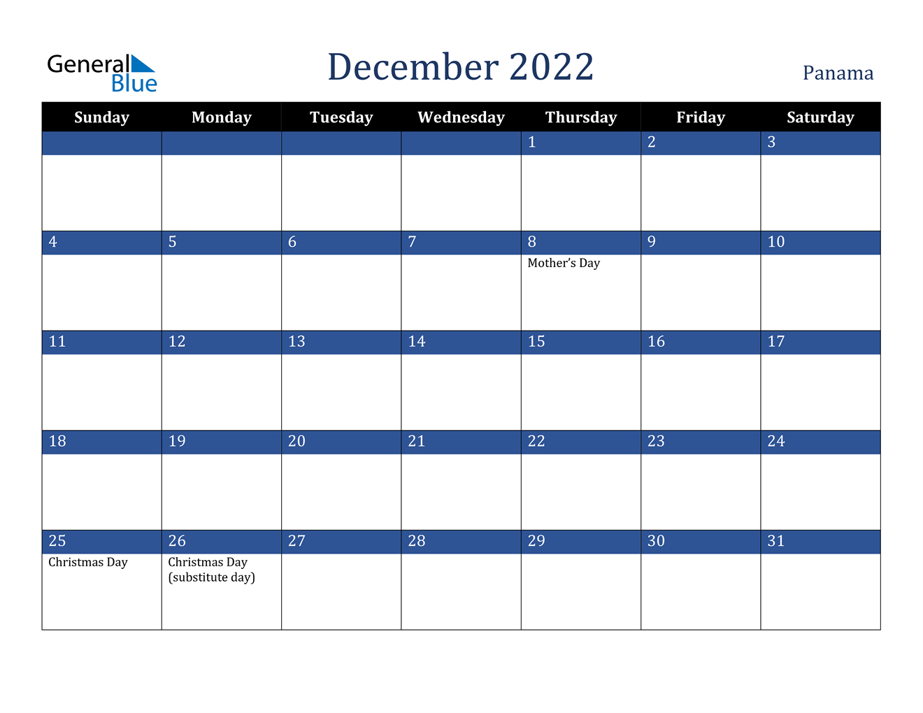 December 2022 Calendar - Panama  December 2022 Calendar Template