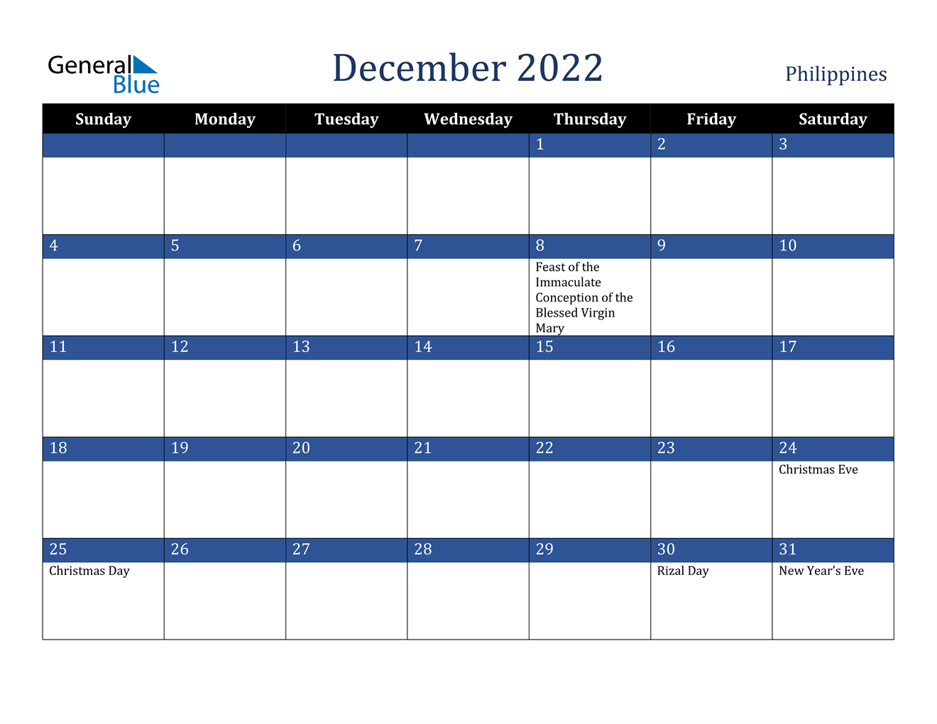 December 2022 Calendar - Philippines  December Printable Calendar 2022