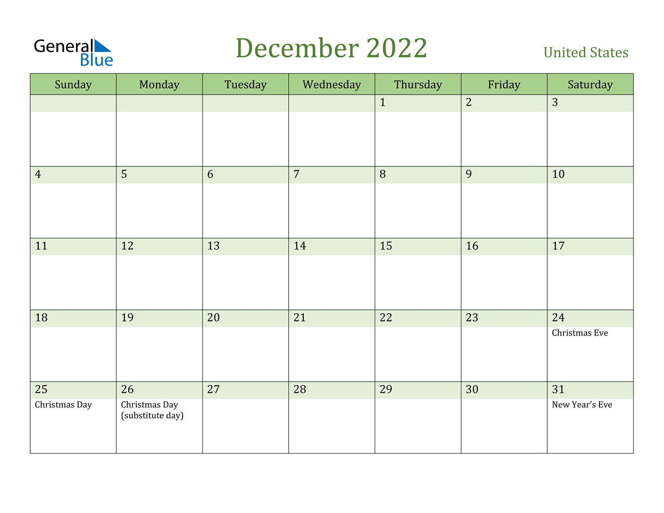 December 2022 Calendar - United States  December 2022 Calendar Images