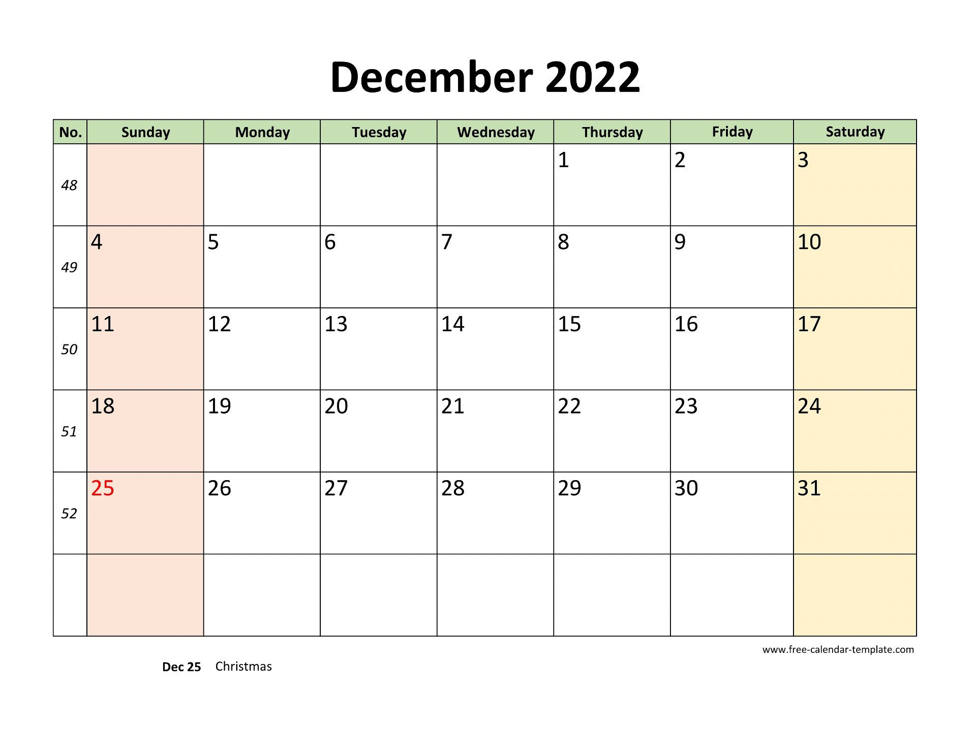 December 2022 Free Calendar Tempplate | Free-Calendar  Free Calendar Template 2022 Large