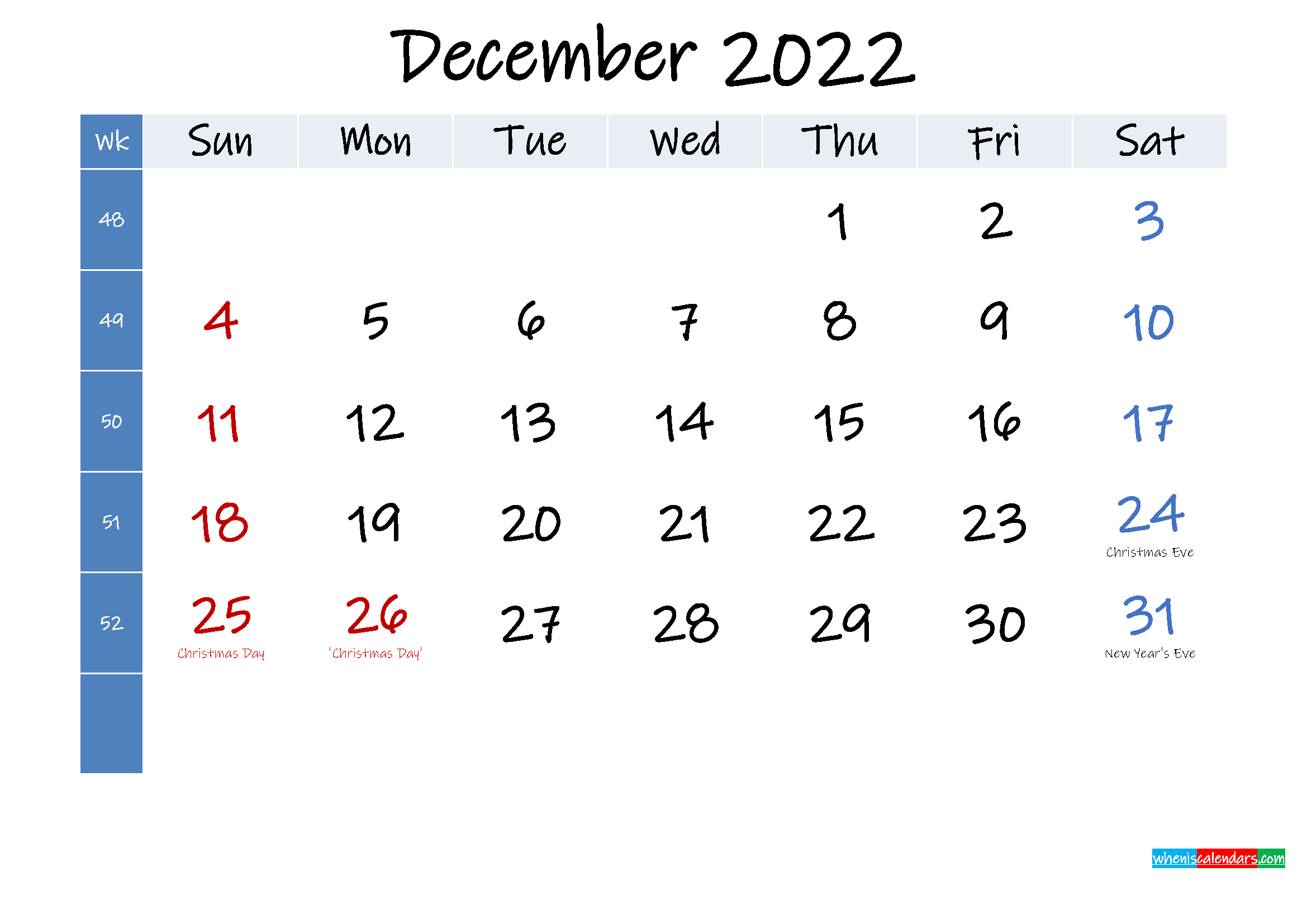 December 2022 Free Printable Calendar With Holidays  December Printable Calendar 2022