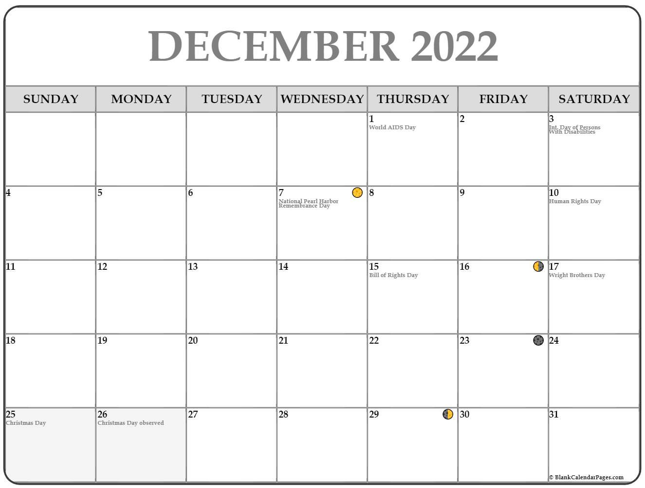 December 2022 Lunar Calendar | Moon Phase Calendar  December 2022 To December 2022 Calendar Printable